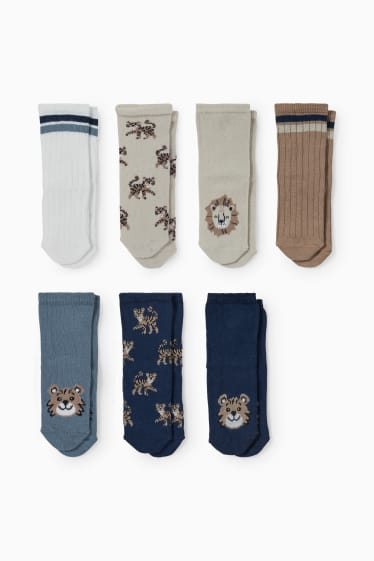 Bebés - Pack de 7 - leones y tigres - calcetines con motivo para bebé - azul oscuro