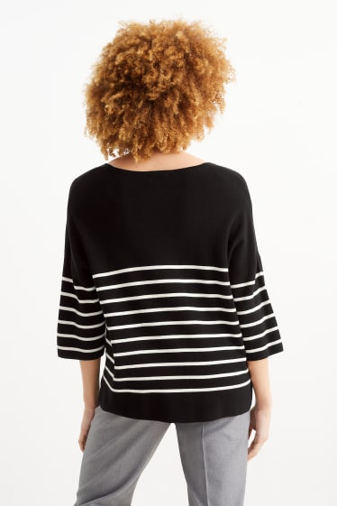 Damen - Basic-Feinstrick-Pullover - gestreift - schwarz