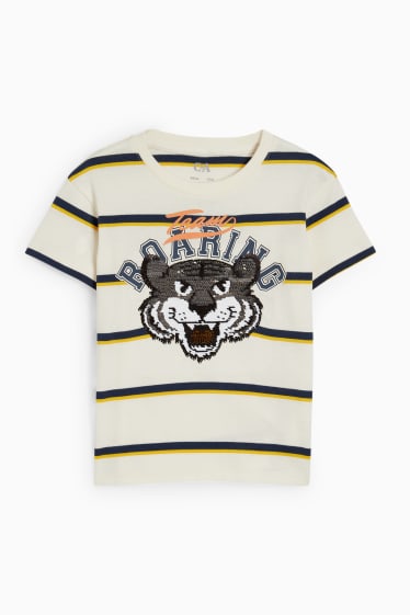 Dzieci - Tygrys - koszulka z krótkim rękawem - efekt połysku - w paski - kremowobiały