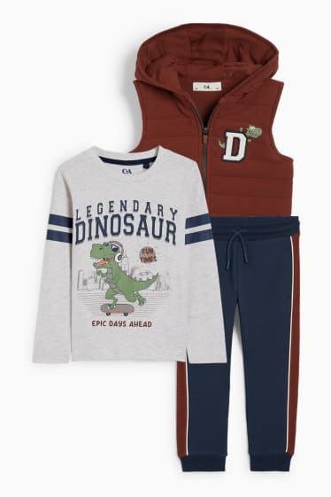 Dzieci - Dinozaur - zestaw - koszulka z długim rękawem, pikowana kamizelka i spodnie dresowe - ciemnobrązowy
