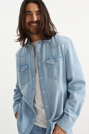 Uomo - Camicia di jeans - Regular Fit - collo all'italiana - jeans azzurro
