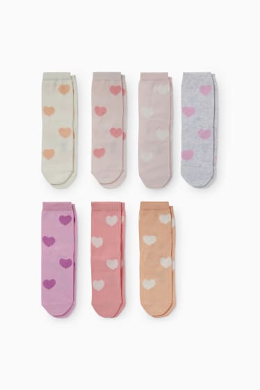 Kinderen - Set van 7 paar - hartjes - sokken met motief - roze