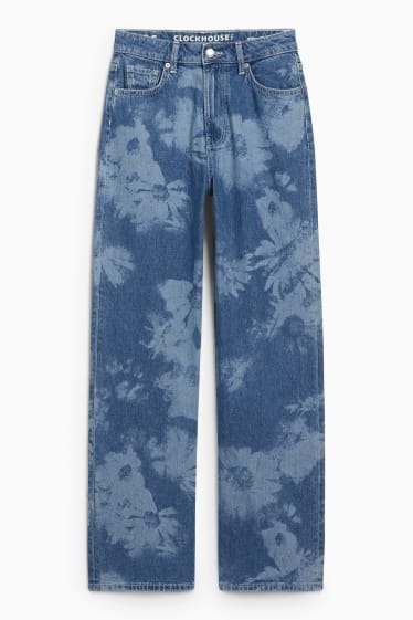 Damen - Loose Fit Jeans - High Waist - geblümt - jeansblau