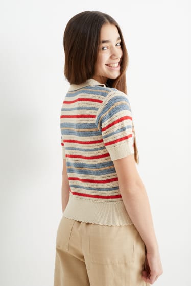 Children - Knitted jumper - short sleeve - striped - light beige