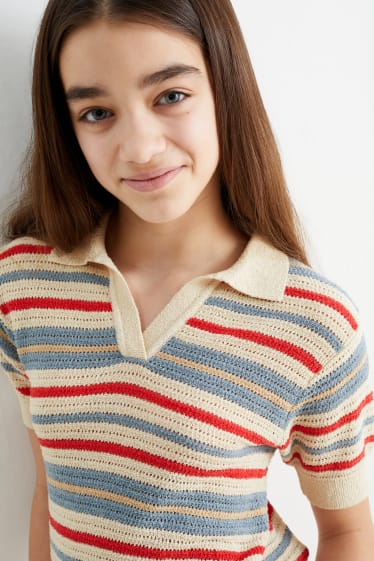 Dětské - Pletený svetr - s krátkým rukávem - pruhovaný - světle béžová