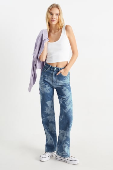Damen - Loose Fit Jeans - High Waist - geblümt - jeansblau