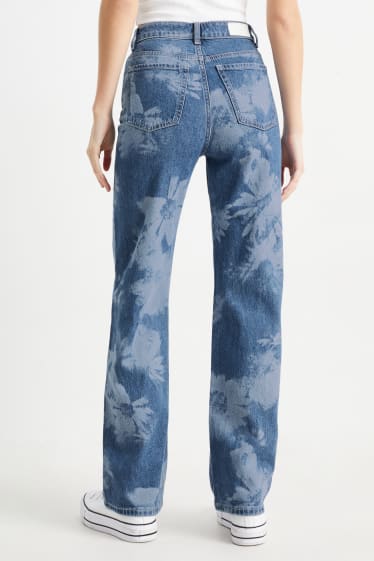 Damen - Loose Fit Jeans - High Waist - geblümt - jeansblau