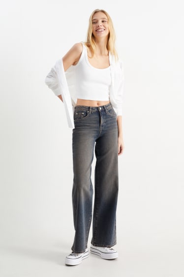 Dámské - CLOCKHOUSE - wide leg jeans - mid waist - džíny - hnědé