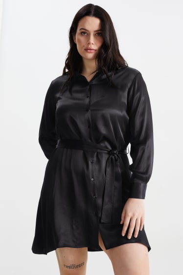 Kobiety - Satynowa sukienka bluzkowa - czarny