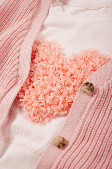 Dětské - Souprava - motiv srdce - tričko s krátkým rukávem a pletený kardigan - 2dílná - růžová
