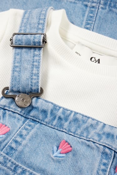 Dětské - Květinový motiv - souprava - tričko s krátkým rukávem a džínové šaty s laclem - 2dílná - džíny - světle modré