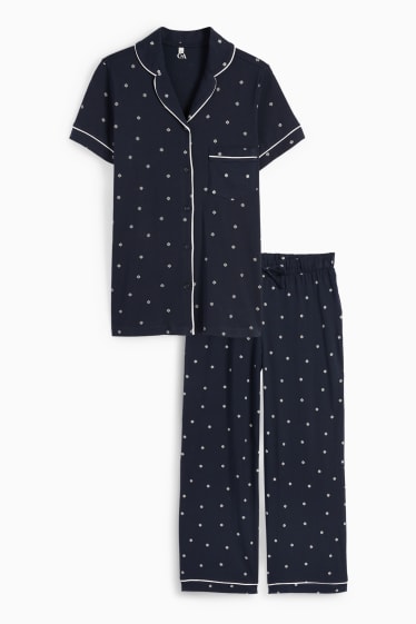 Damen - Pyjama - geblümt - dunkelblau