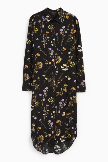 Dámské - Viskózové halenkové šaty - s květinovým vzorem - černá
