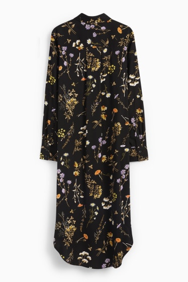 Dámské - Viskózové halenkové šaty - s květinovým vzorem - černá
