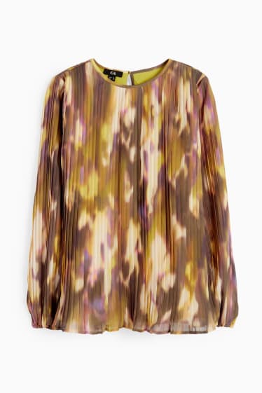 Women - Pleated blouse - patterned - mustard yellow