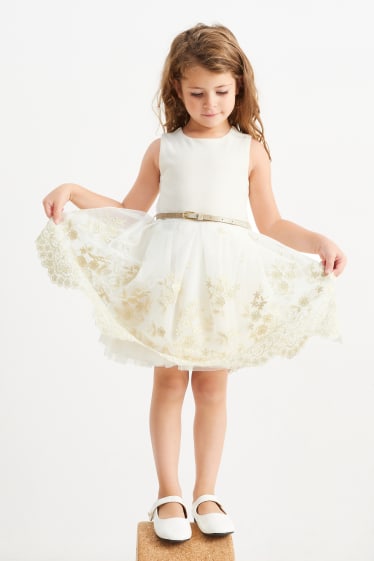Kinder - Kleid mit Gürtel - cremeweiß