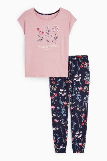 Femmes - Pyjama en viscose - à fleurs - rose