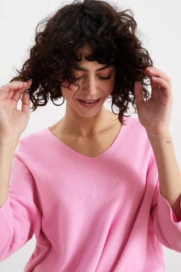Damen - Basic-Pullover mit V-Ausschnitt - pink