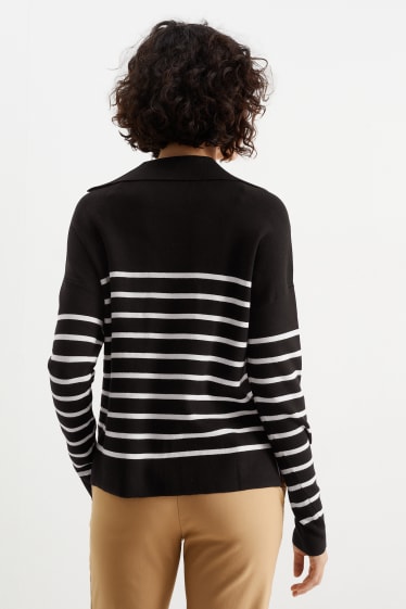 Women - Basic V-neck jumper - striped - black