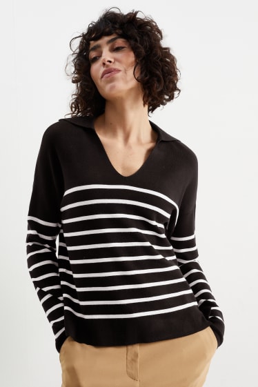 Damen - Basic-Pullover mit V-Ausschnitt - gestreift - schwarz