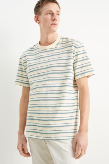 Heren - T-shirt - gestreept - beige / blauw