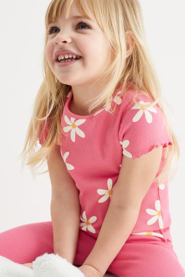 Dzieci - Komplet - koszulka z krótkim rękawem i legginsy - w kwiatki - różowy