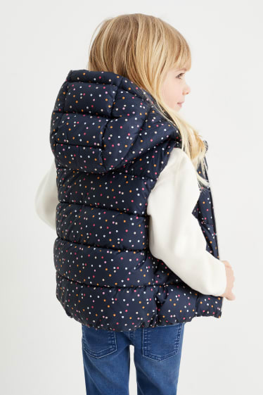 Dětské - Prošívaná vesta s kapucí - vodoodpudivá - puntíkovaná - tmavomodrá