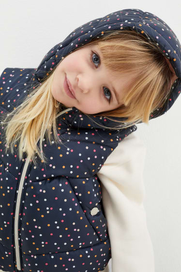 Dětské - Prošívaná vesta s kapucí - vodoodpudivá - puntíkovaná - tmavomodrá