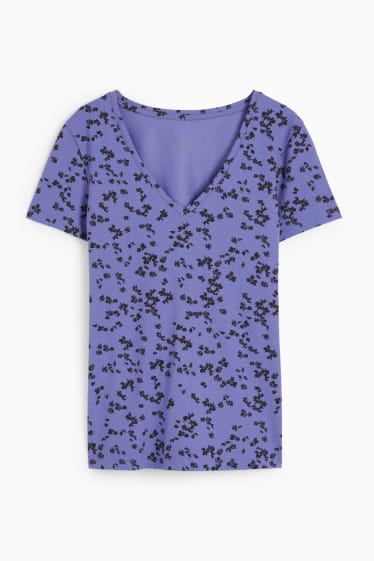 Kobiety - T-shirt basic - w kwiatki - purpurowy