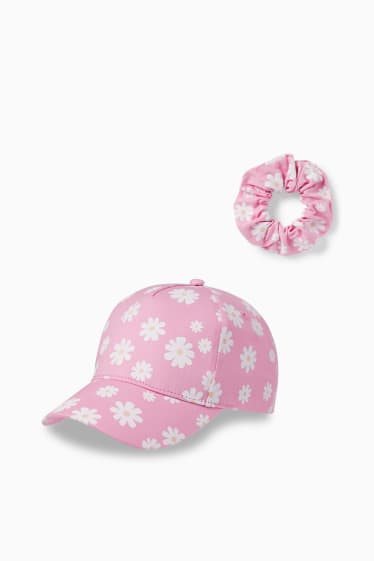 Bambini - Set - fiori - cappellino e scrunchie - 2 pezzi - fucsia