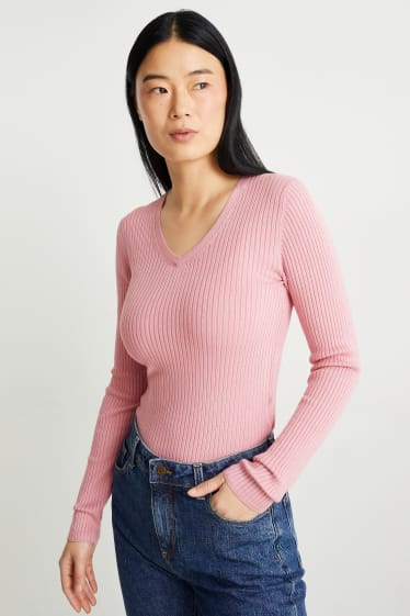 Damen - Basic-Pullover mit V-Ausschnitt - gerippt - rosa