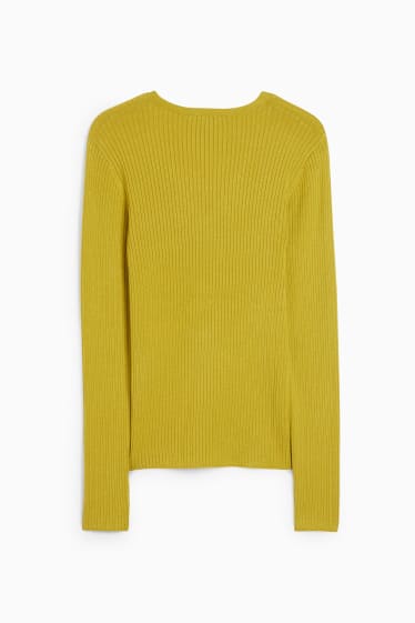 Women - Basic V-neck jumper - ribbed - yellow