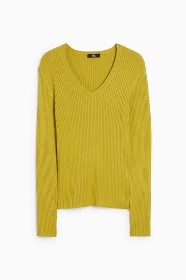 Kobiety - Sweter z linii basic z dekoltem w szpic - prążkowany - żółty