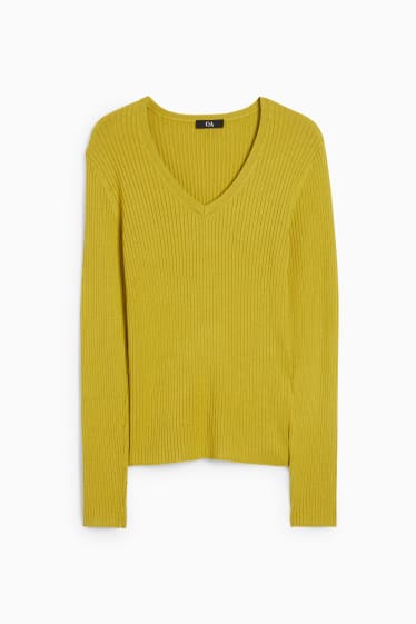 Donna - Maglione basic con scollo a V - a coste - giallo