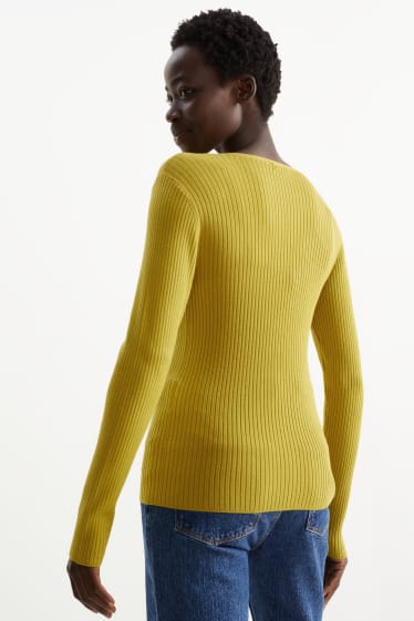 Women - Basic V-neck jumper - ribbed - yellow