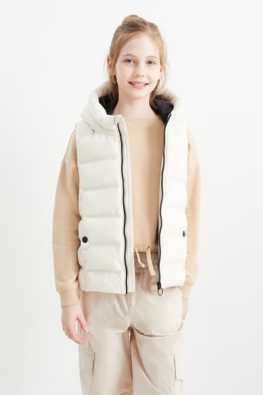 Dětské - Prošívaná vesta s kapucí - vodoodpudivá - světle béžová