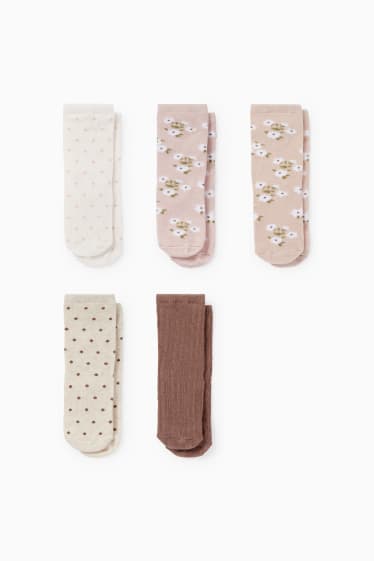 Bebés - Pack de 5 - flores y lunares - calcetines con dibujo - beis