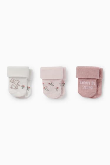 Neonati - Confezione da 3 - leprotto e fiorellini - calzini neonati - rosa