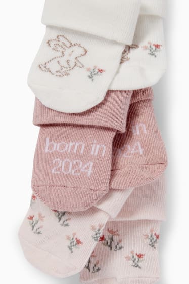 Neonati - Confezione da 3 - leprotto e fiorellini - calzini neonati - rosa