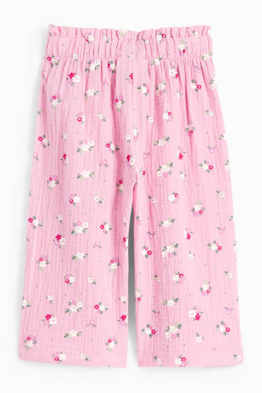 Dětské - Mušelínové kalhoty - s květinovým vzorem - růžová