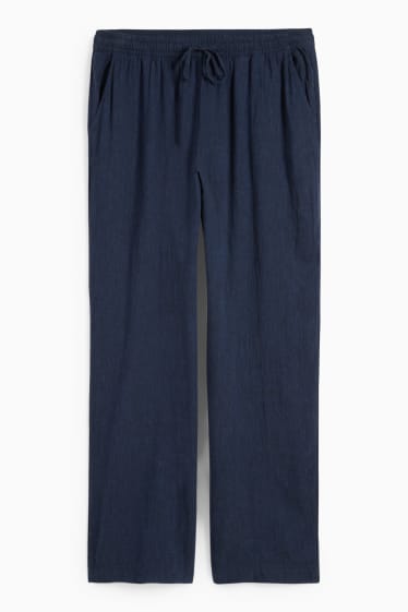 Femei - Pantaloni de stofă - talie medie - wide leg - amestec de in - albastru închis