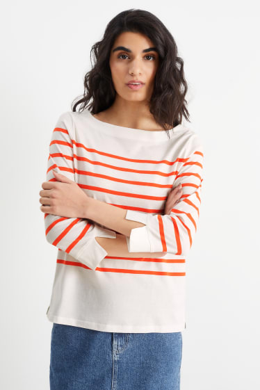 Kobiety - Koszulka z długim rękawem - w paski - biały / pomarańczowy