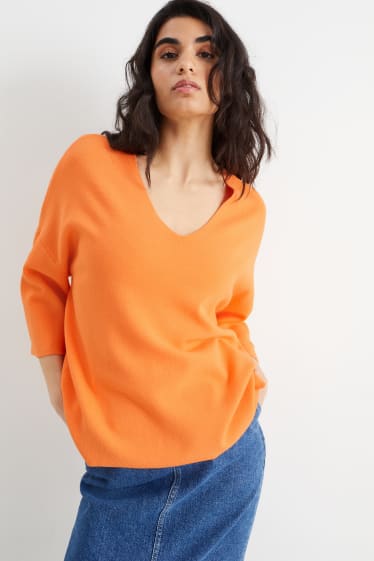 Women - Basic - V-neck jumper - orange