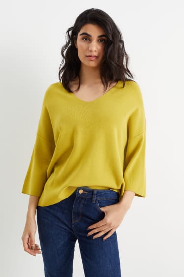 Damen - Basic-Pullover mit V-Ausschnitt - gelb