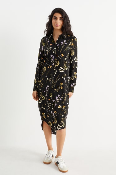 Femei - Rochie tip bluză din viscoză - cu flori - negru