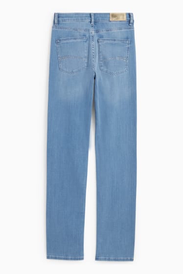 Women - Straight jeans with rhinestones - mid-rise waist - denim-light blue