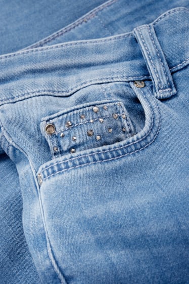 Women - Straight jeans with rhinestones - mid-rise waist - denim-light blue