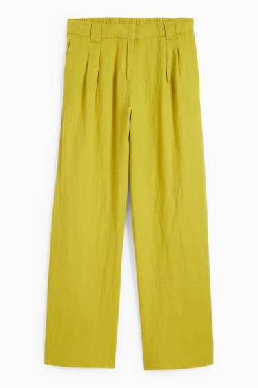 Kobiety - Spodnie lniane - wysoki stan - szerokie nogawki - żółty