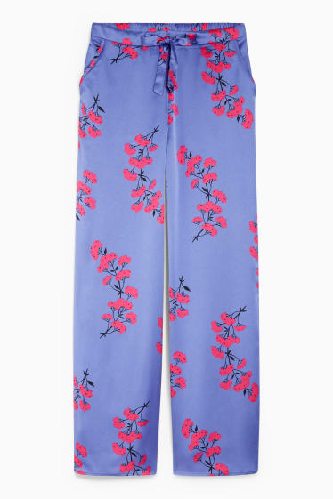 Dámské - Saténové pyžamové kalhoty - s květinovým vzorem - fialová