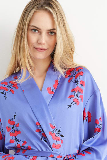 Damen - Satin-Kimono - geblümt - lila